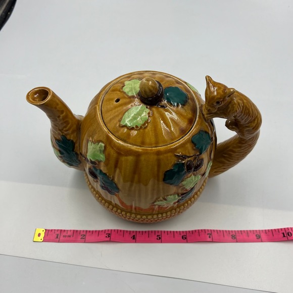 Majolica Pottery Occupied Japan Teapot Acorn Forest Squirrel Handle Ceramic - Picture 9 of 15